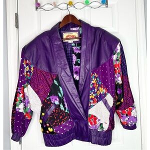 *AVANTI* RARE 80s Vintage Retro Purple Patchwork Leather Bomber Jacket